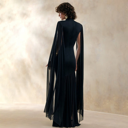 black mesh streamer maxi dress