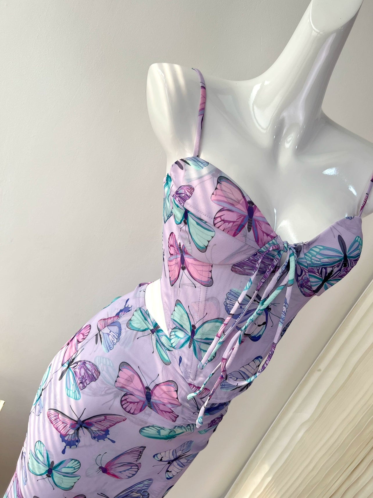 butterfly suspender mesh print fishbone skirt set