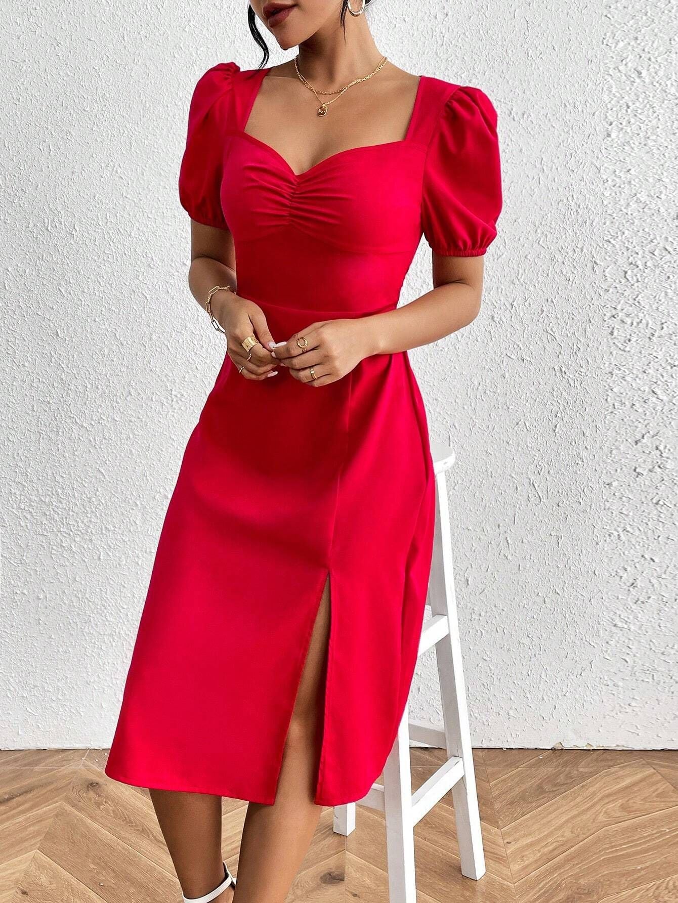 Red square-neck puff-sleeved pleated A-line midi dress