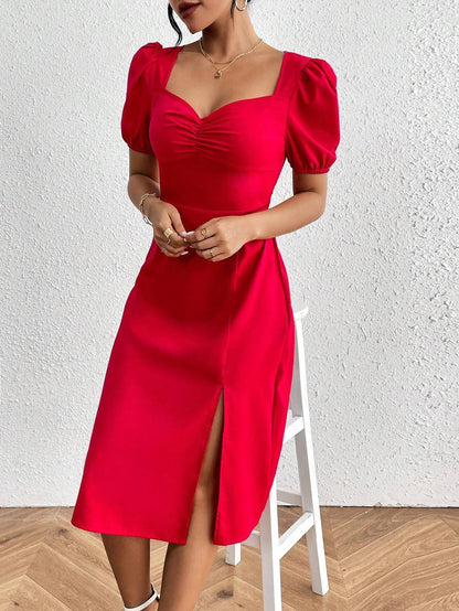 Red square-neck puff-sleeved pleated A-line midi dress