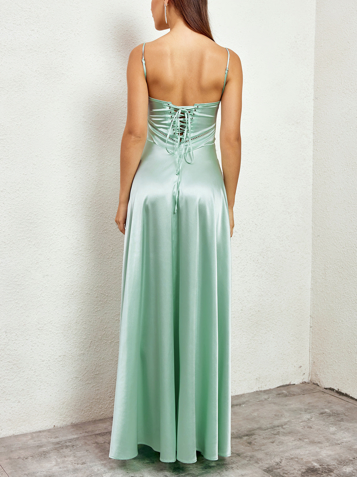 green matte satin backless slip dress
