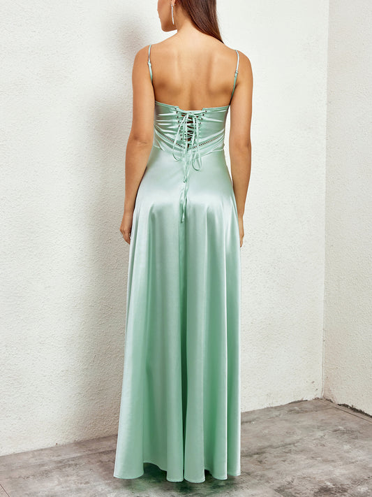 green matte satin backless slip dress