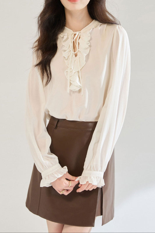 White ruffled tie-waist V-neck puff sleeve shirt