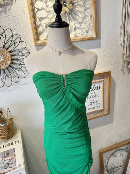 light-green stretch slit strapless long dress