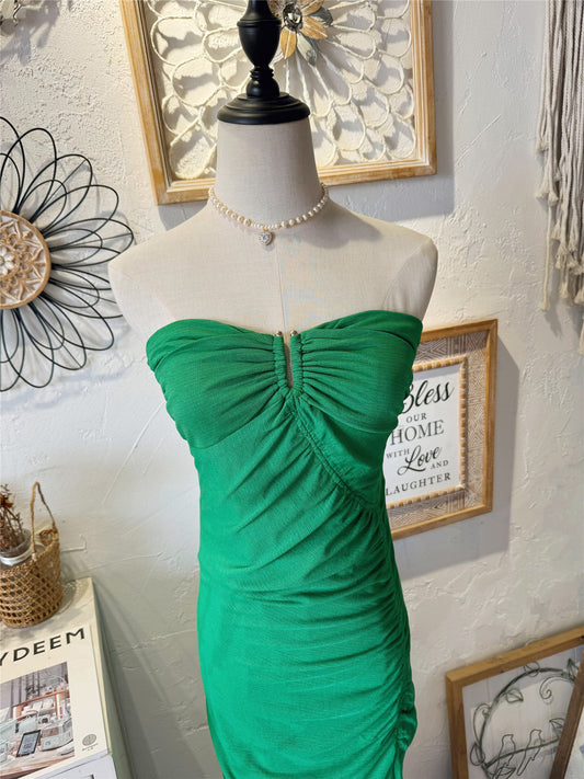light-green stretch slit strapless long dress