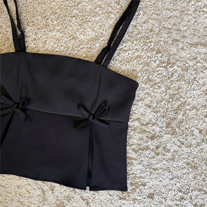 bow pressed pleats layered cropped suspenders