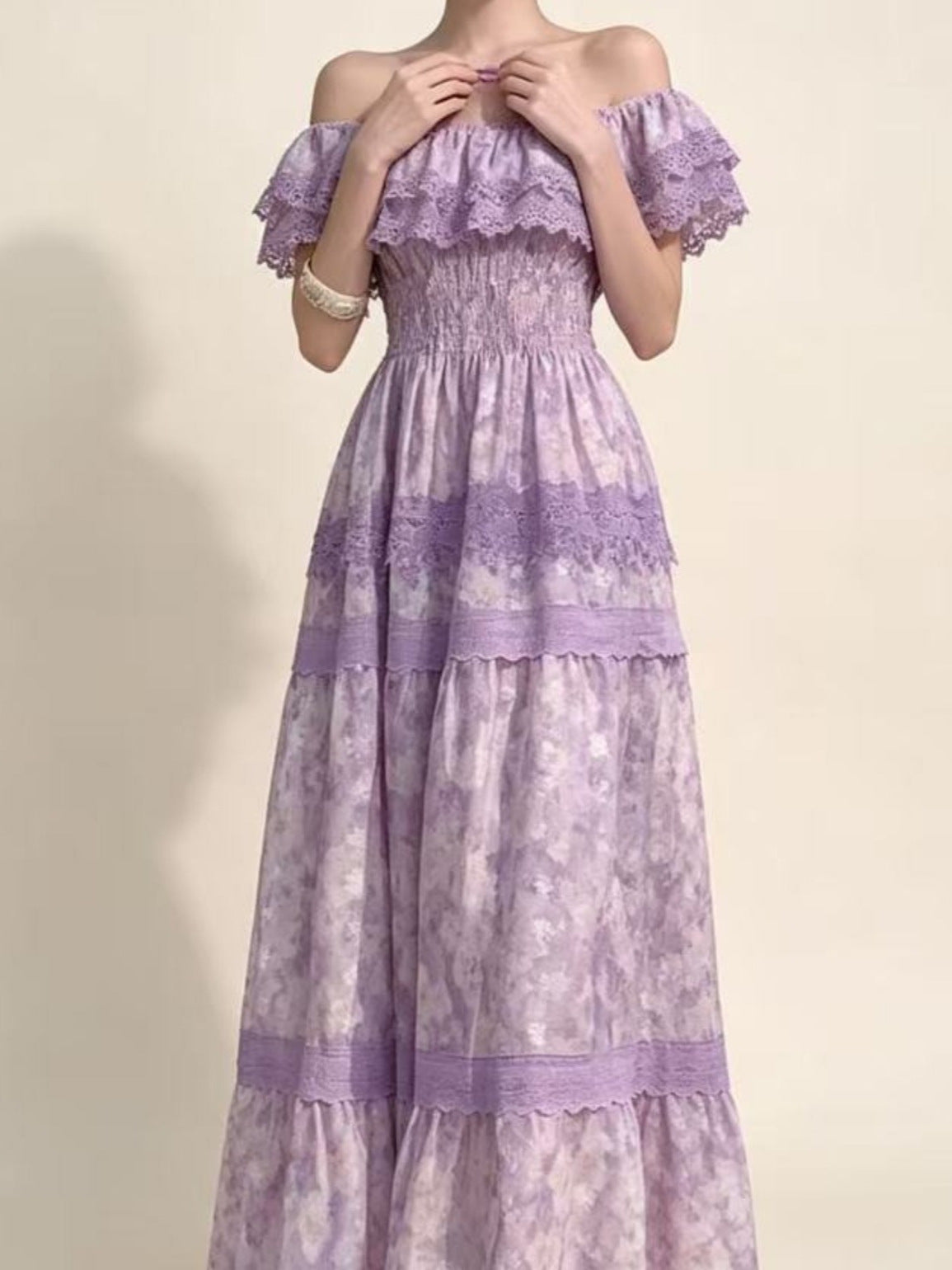 printed lace patchwork off-shoulder ruffle maxi dress - purple