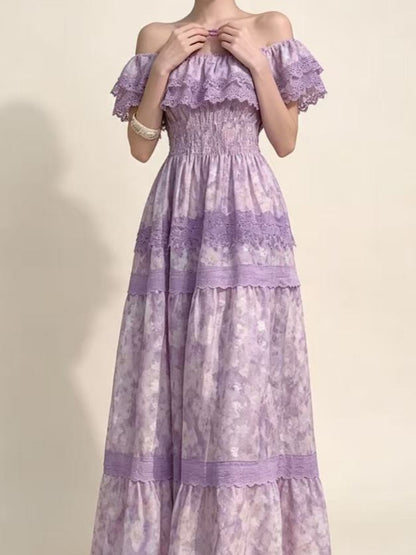 printed lace patchwork off-shoulder ruffle maxi dress - purple