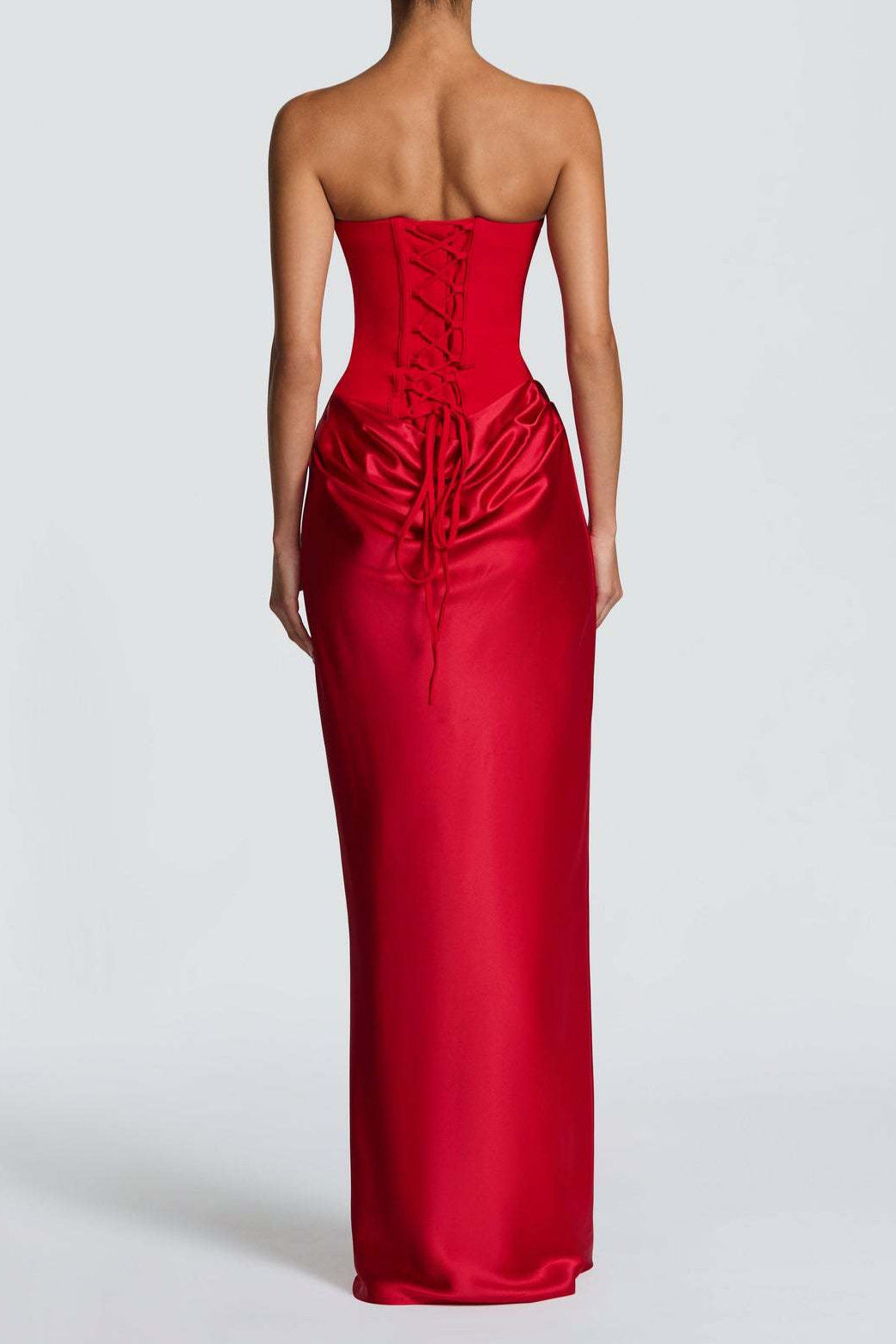 red satin lace-up streamer dress
