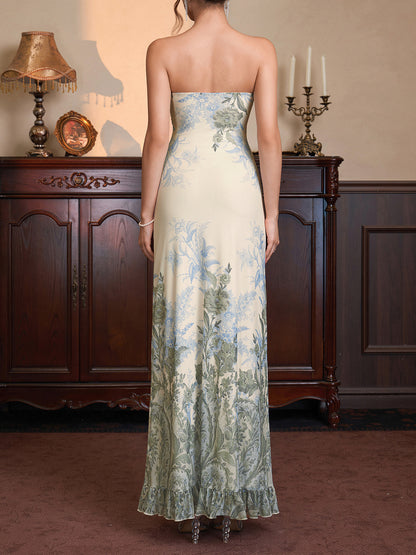 green mesh print strapless back ruffled embroidered dress