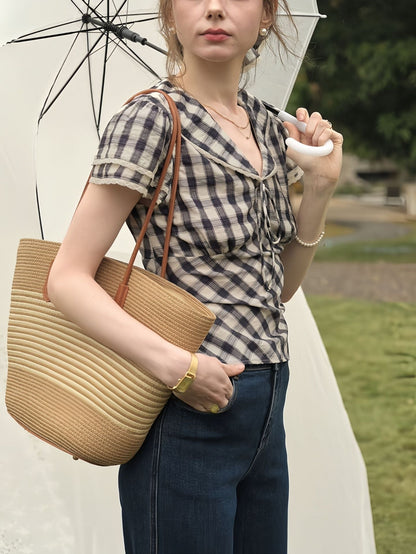 Lace Navy Collar Check Shirt