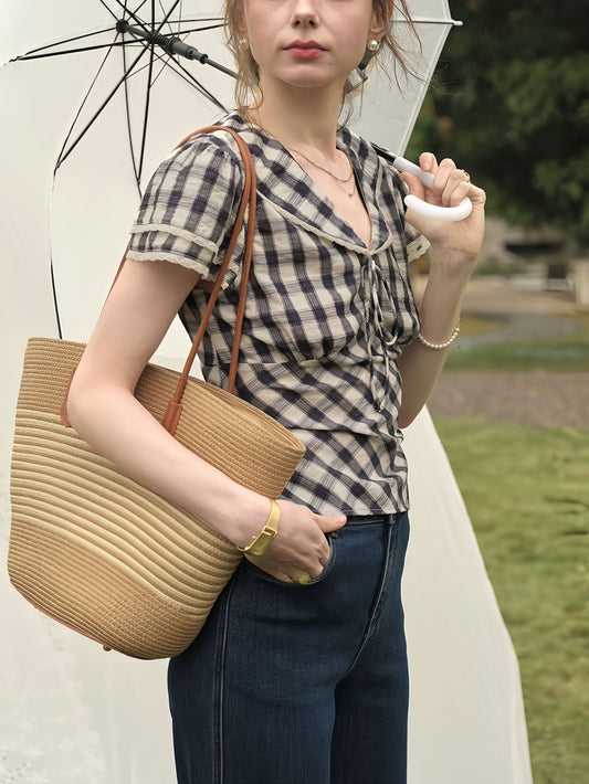 Lace Navy Collar Check Shirt