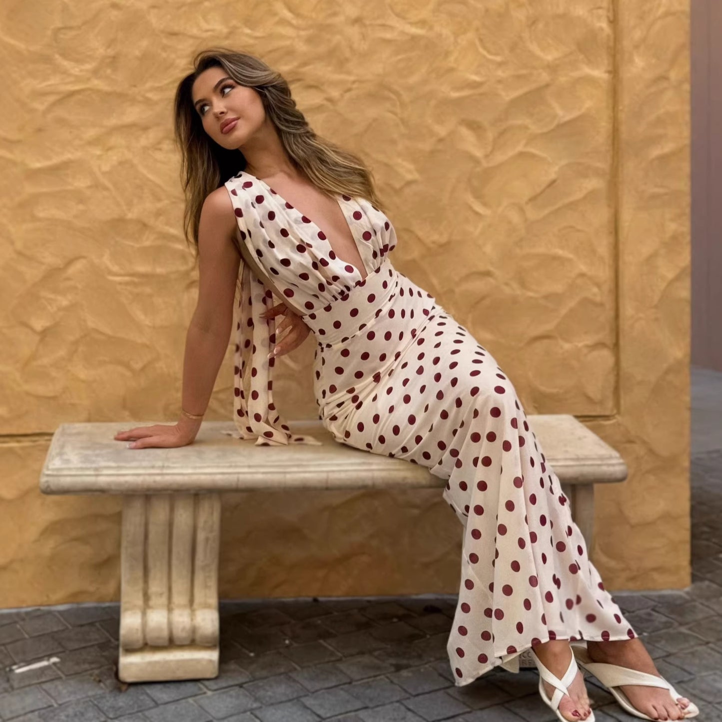 deep V print halterneck dress