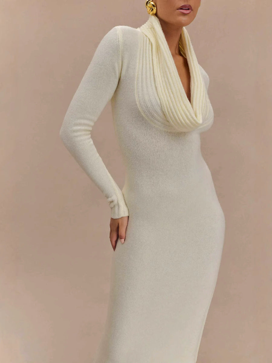 white drop-collar long-sleeved knitted dresses