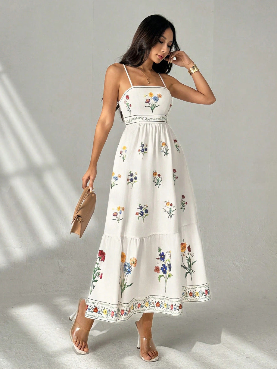 white Suspender Print Waist Open Back dress