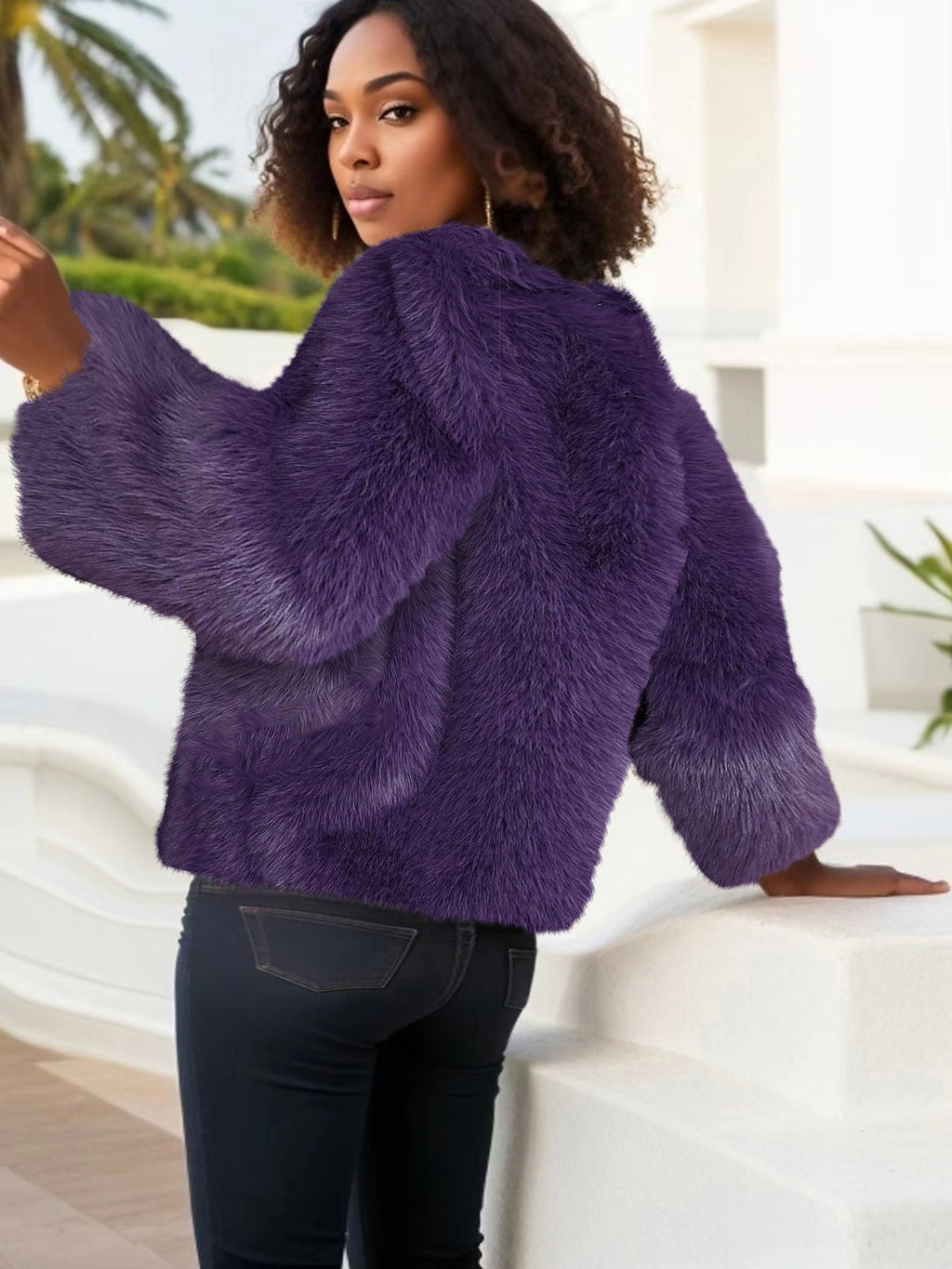 crew neck cropped imitation fur jackets