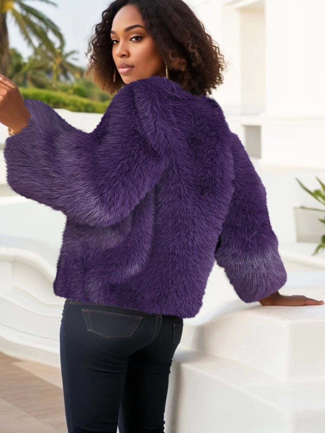 crew neck cropped imitation fur jackets