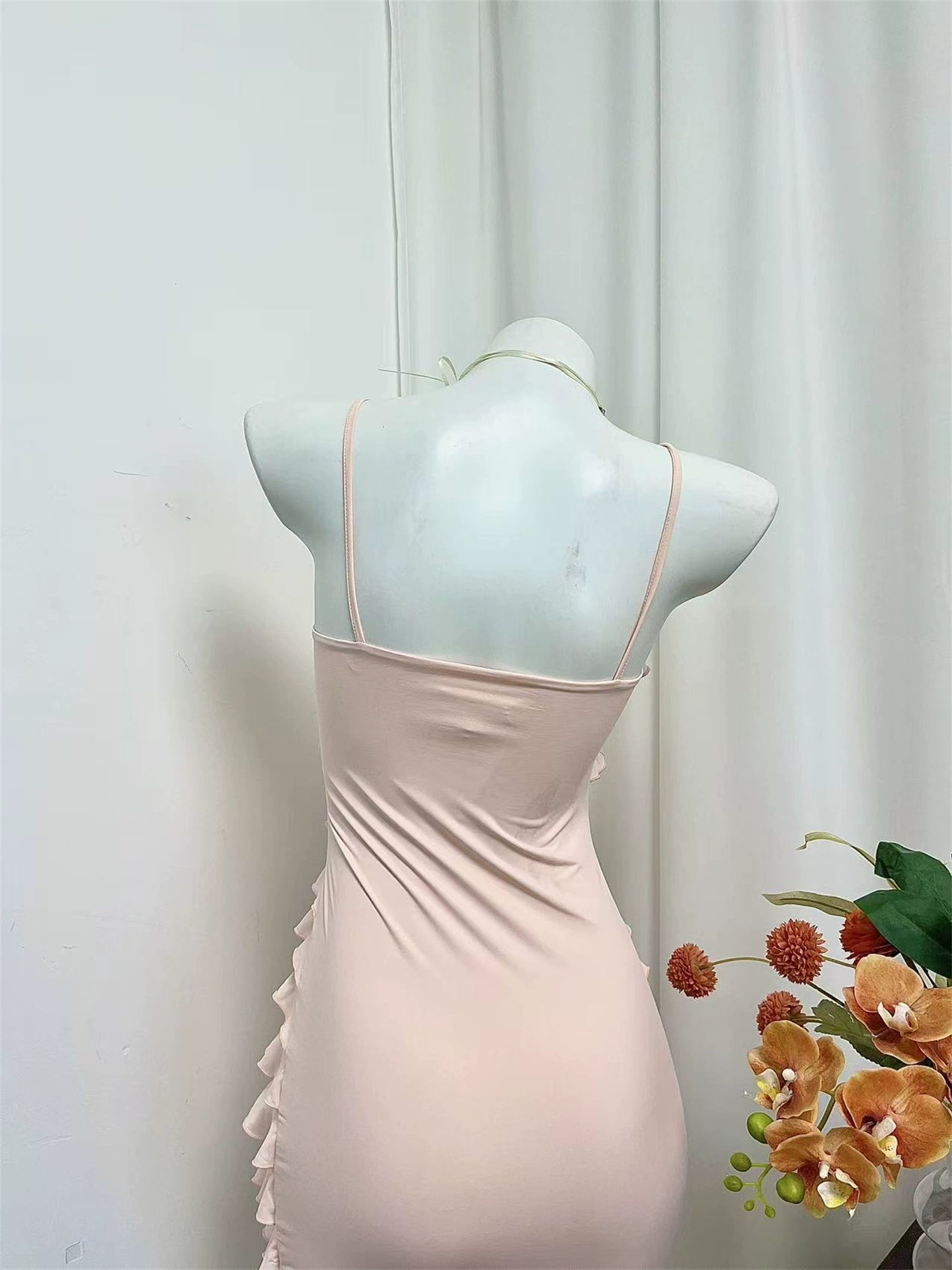 pink ruffled camisole mini dress