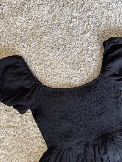 black bow tie puff sleeve flush lace  dress
