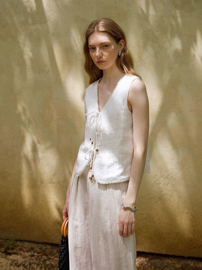Beaded Linen Lace-up Access Vest