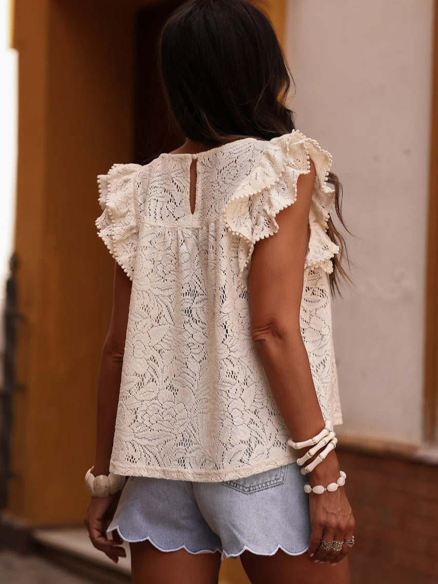 Ruffle Sleeve Hollow Crew Neck Embroidered Pullover Tank Top