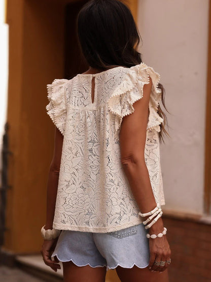 Ruffle Sleeve Hollow Crew Neck Embroidered Pullover Tank Top