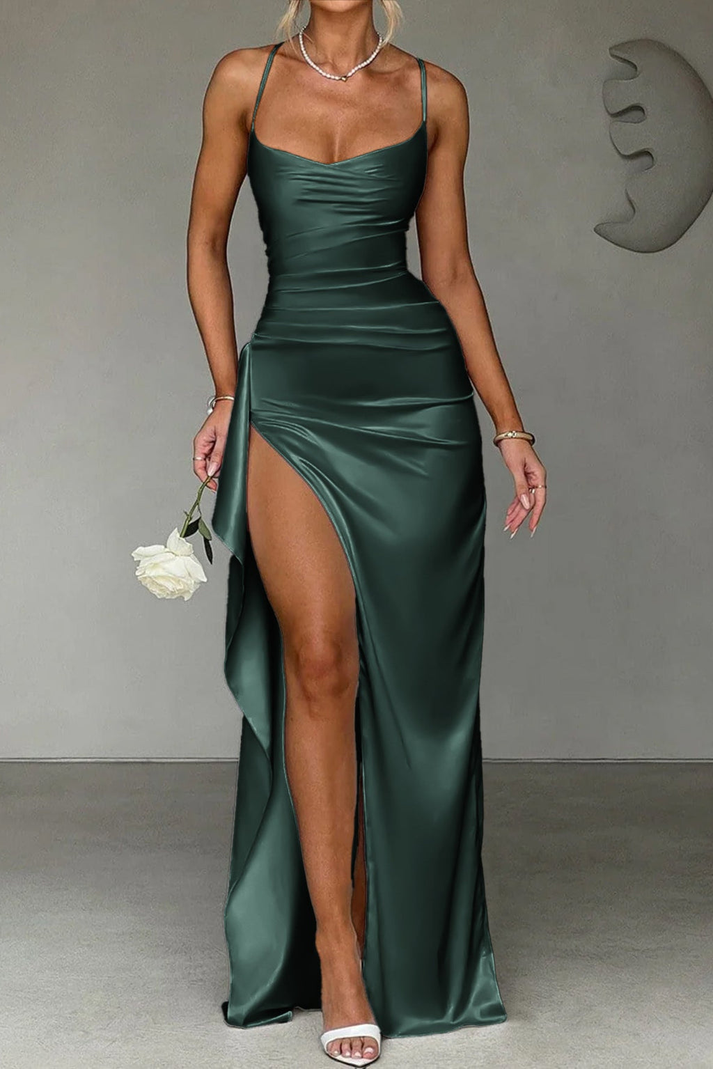 green suspender wrap maxi dress