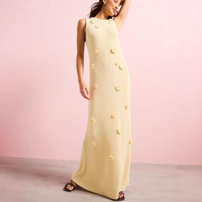 yellow three-dimensional flower knitted maxi dress
