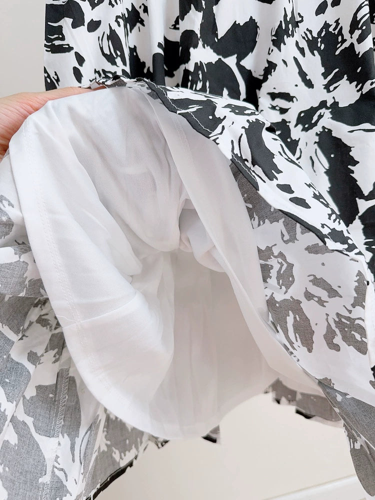 black and white ink painting floral puff sleeve  dress