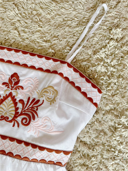Bohemian exquisite embroidered bow lace-up cotton slip dress