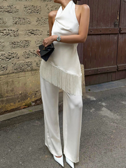 white Asymmetrical tassel halter neck tank top two-piece set