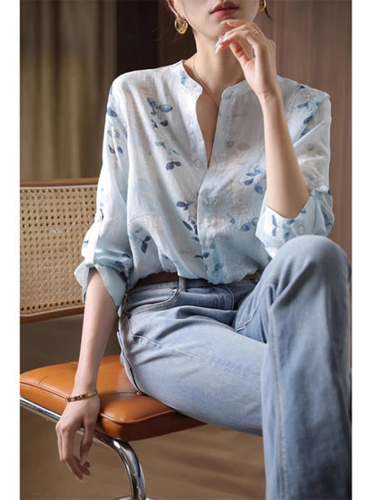 blue Three-quarter sleeve printed cotton shirt