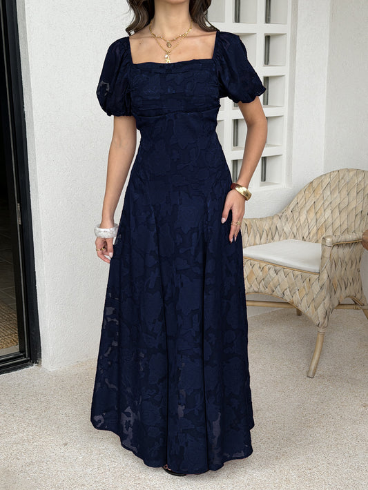 black square neck puff neck jacquard waist dress