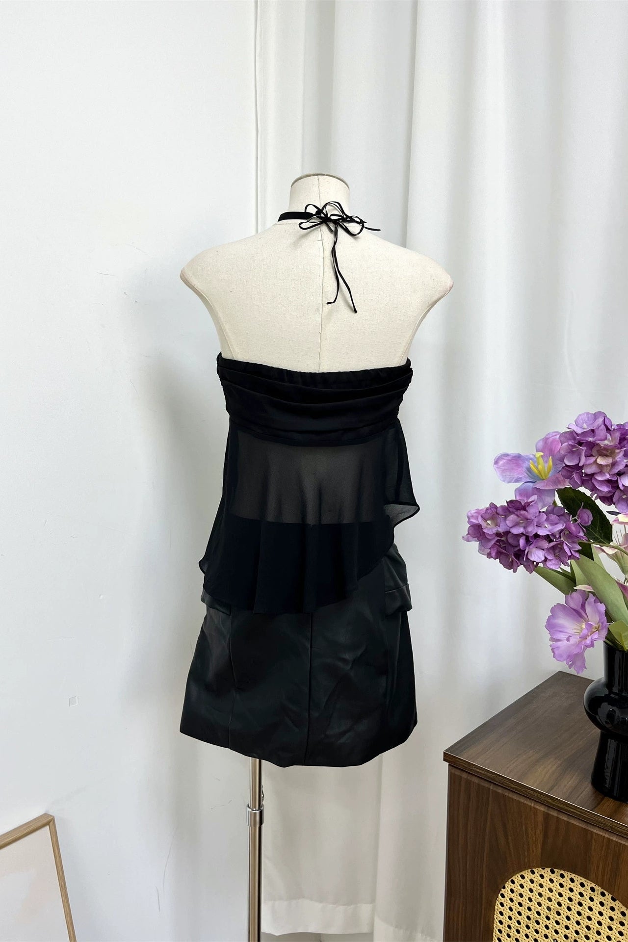 black satin chiffon splicing irregular hem bandeau