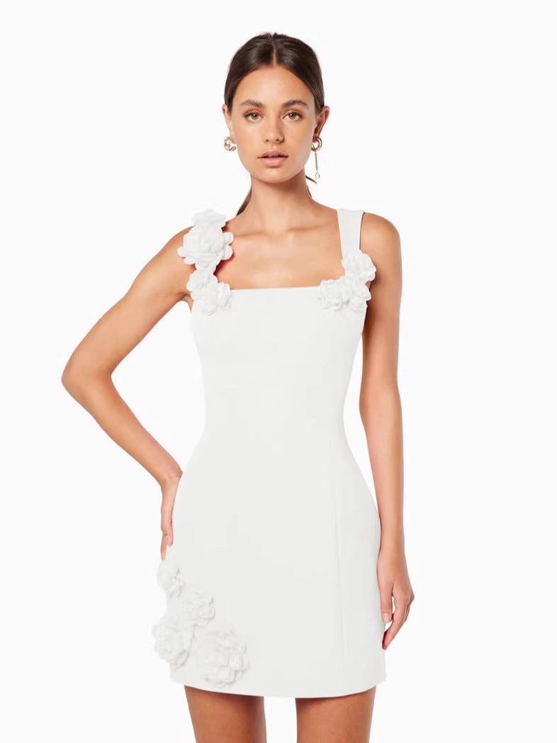 white flower spaghetti strap sleeveless backless A-line dress