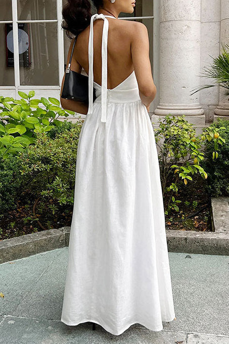 white Deep V-neck halter neck tie backless dress