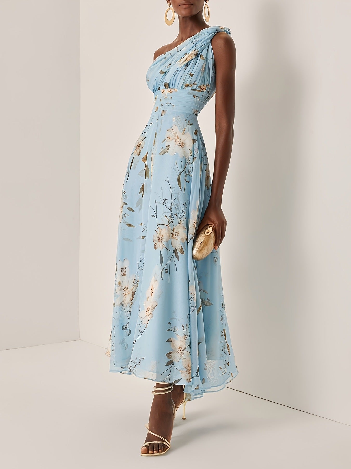 One-shoulder floral print chiffon maxi dress - blue