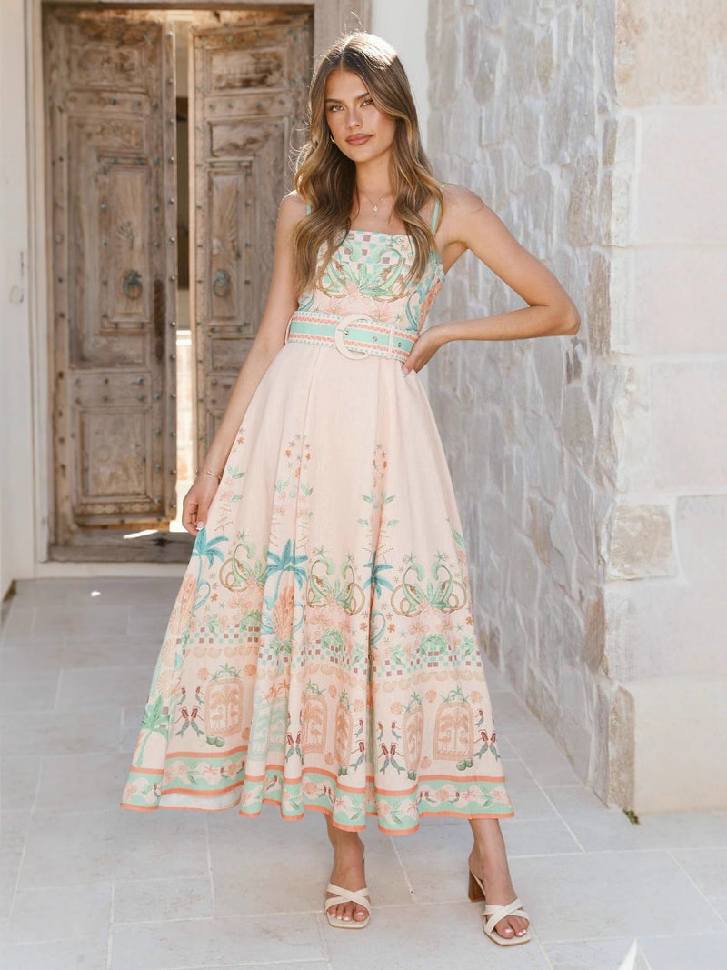 pink large swing floral linen sleeveless slip dress