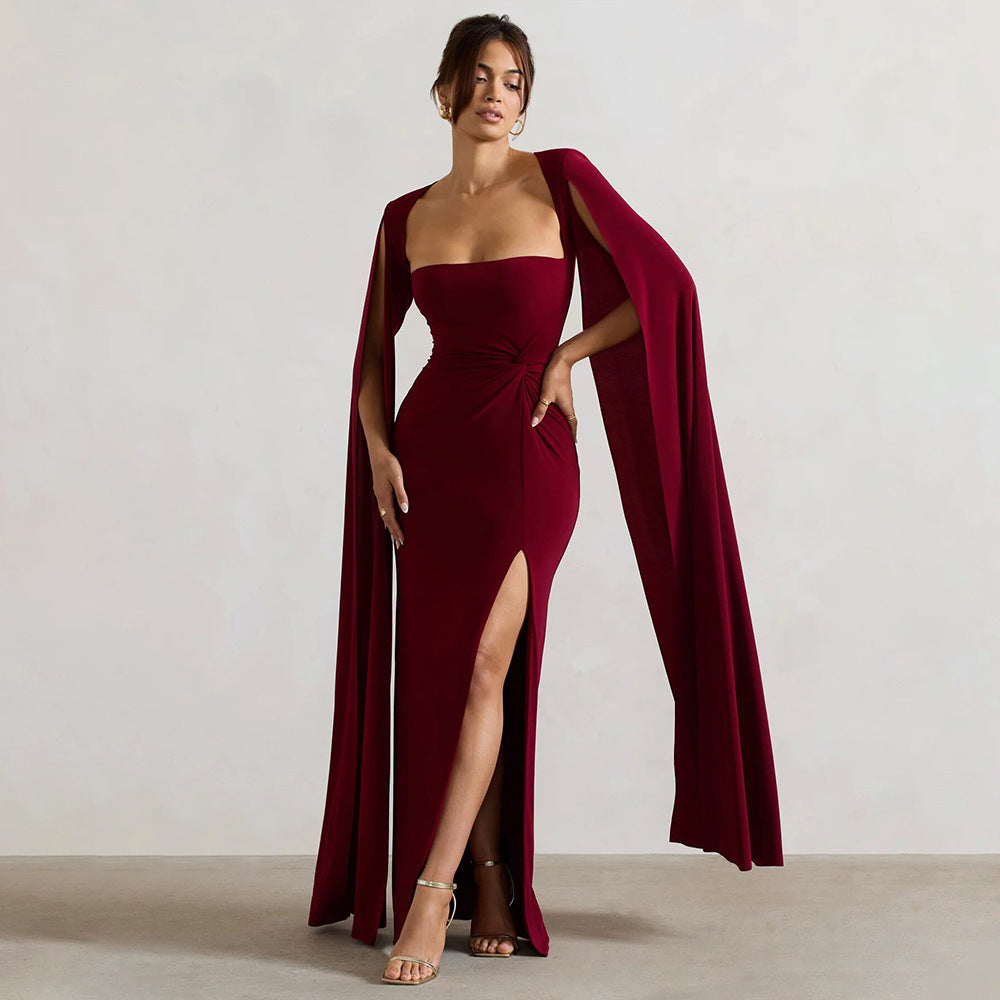 red square neck long sleeve high slit dress