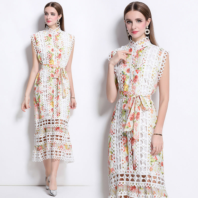 print A-line lace trim midi dress - white