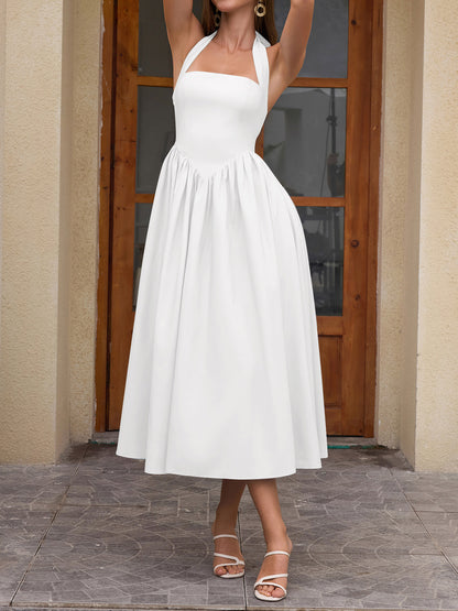 white halterneck strap backless midi dress