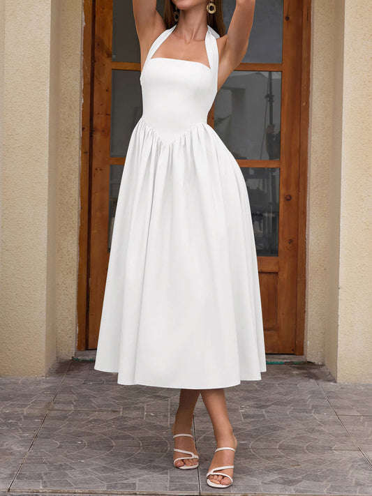 white halterneck strap backless midi dress