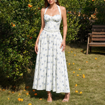 blue print Backless Halter-neck Tie-Up maxi Dress
