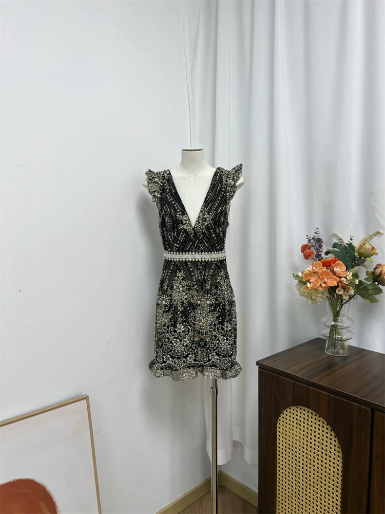 black sequins flower deep V backless mini dress
