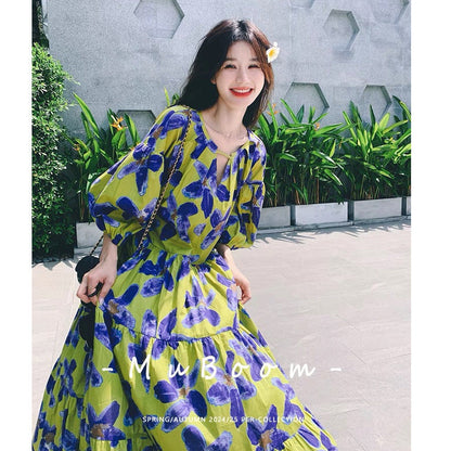 Vintage floral print maxi dress - Green