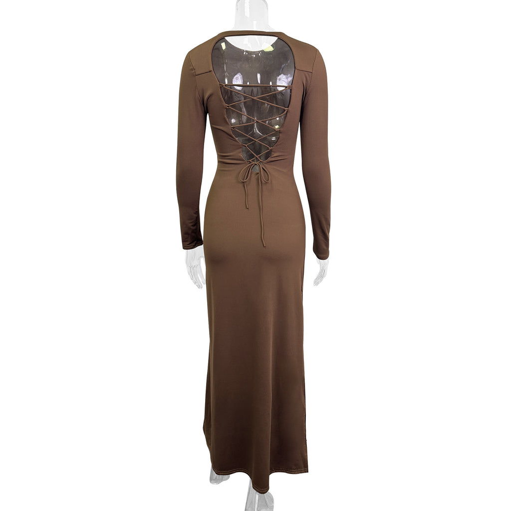 Round neck long sleeve hollowed-out backless bodycon maxi dress