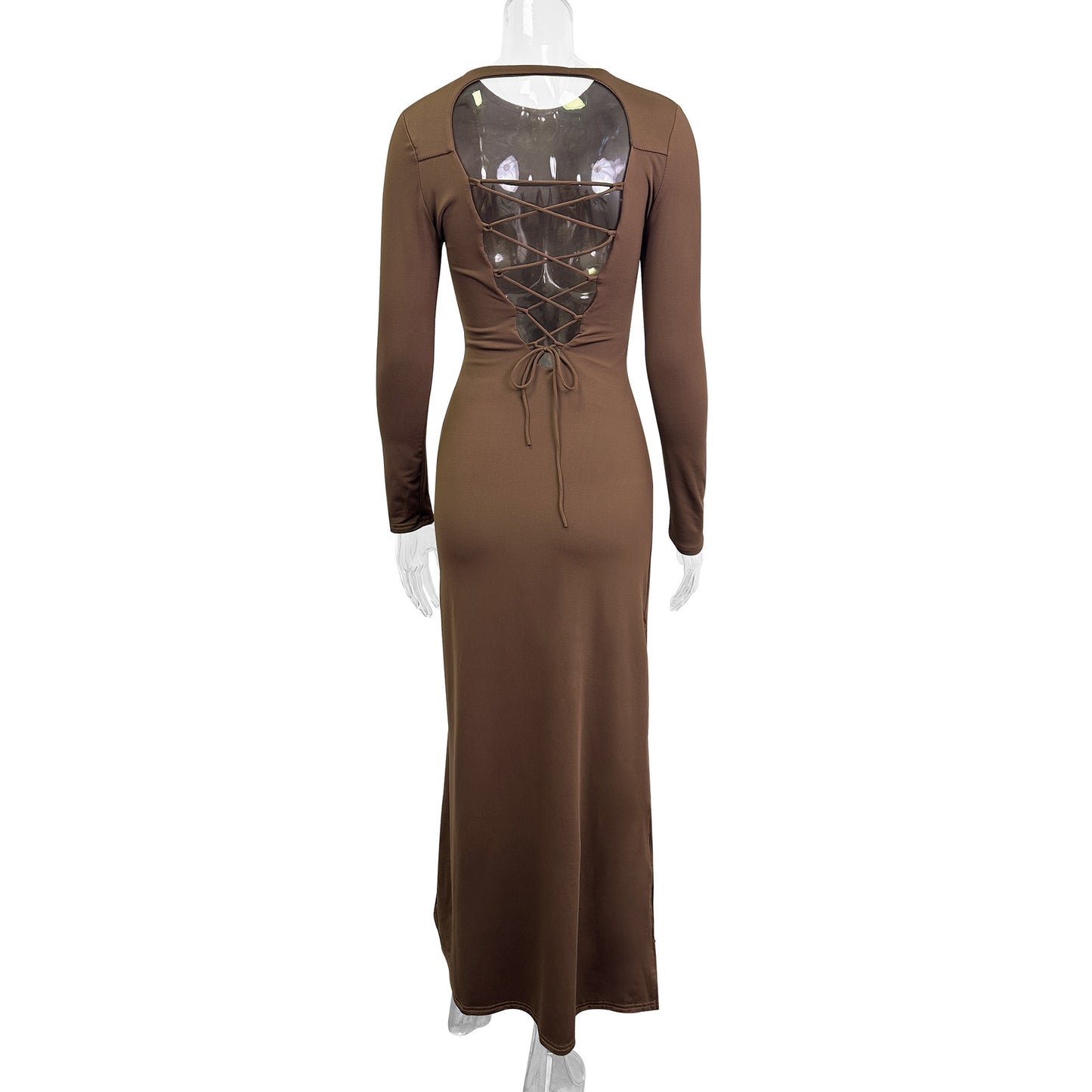 brown Round neck long sleeve hollowed-out backless bodycon dress