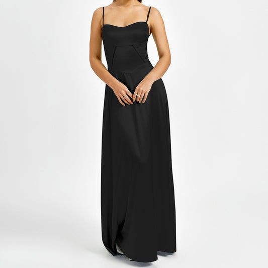 black matte satin backless slip dress