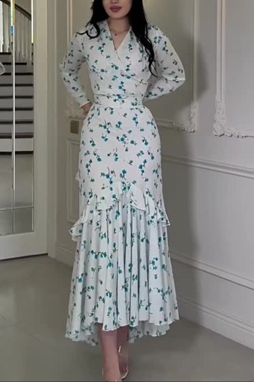 blue long sleeve Floral Ruffle maxi Dress