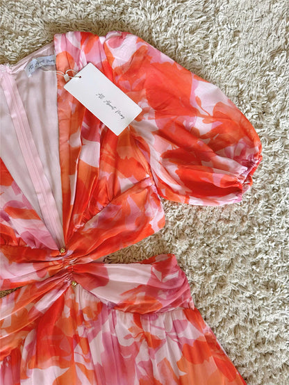 pressed waist slit floral V-neck dress